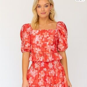 Buddy Love size M ladies Floral Red and Pink Puff Sleeve 2 piece mini skirt&top